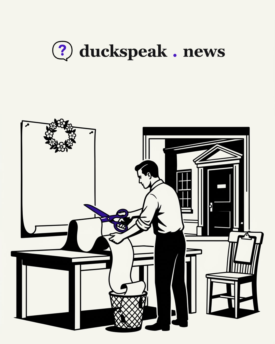 Scissors in hand, the editor trims the family's statement: the half with the wreath goes up on the wall, the rest curls down into the wastepaper basket. Across the street the town hall door stays shut, and the inspector's chair sits empty, its clipboard hanging on the back.