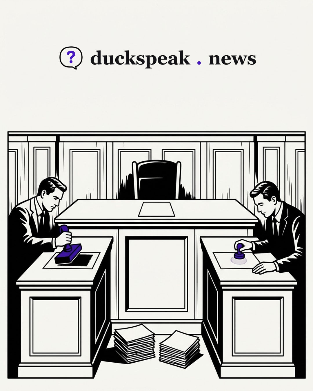Two editors stamp their copies of the same sheet, one with a heavy block that blacks out half the page, the other with a small round stamp that barely marks it. Behind them the judge's chair stands empty, and the judge's own papers lie in two piles on the floor, read by neither.