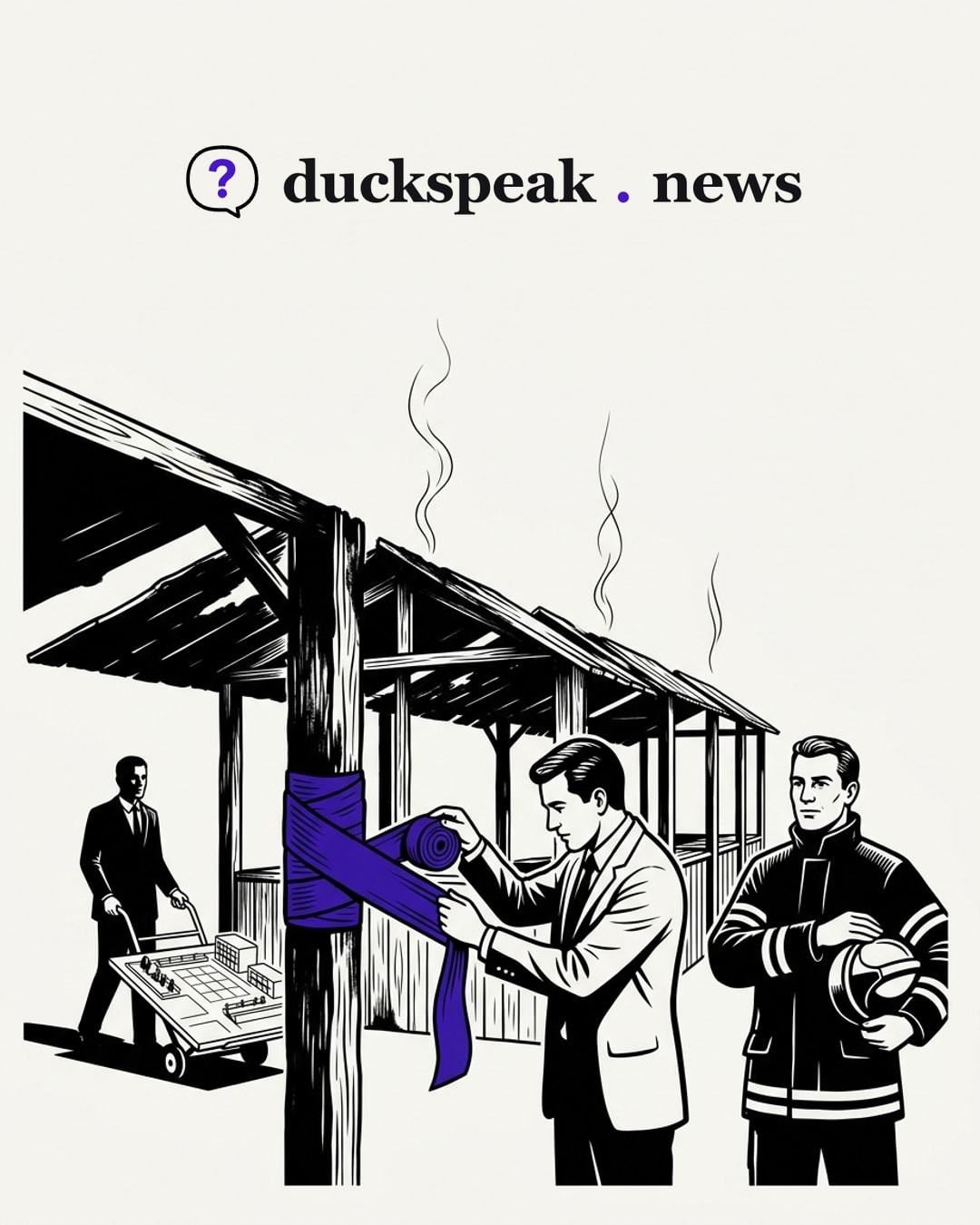The reporter winds a bandage round a scorched market post as if it were a wounded limb, while the firefighter beside him stands at ease, helmet under his arm. Behind them a man in a suit wheels in a model of the new square, and nobody turns round.