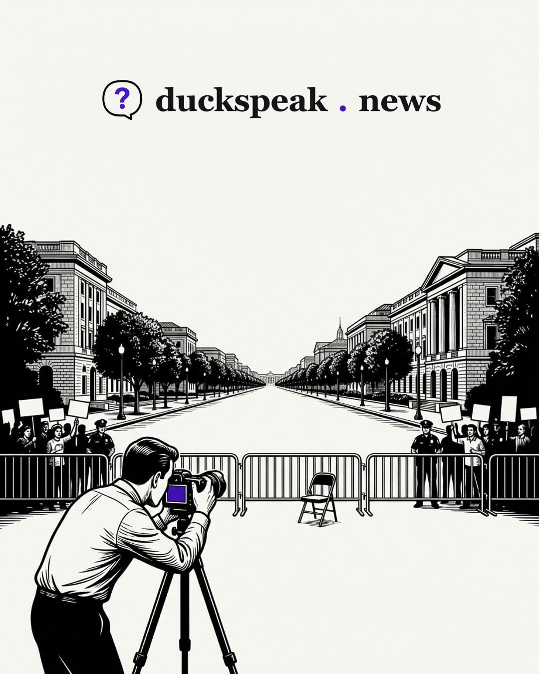 Penché sur son trépied, le photographe cadre l'avenue vide, splendide entre ses arbres et ses façades. Sur les côtés, derrière les barrières, la police contient la foule et ses pancartes ; au milieu, la chaise de celui qui a fait fermer l'avenue reste vide.