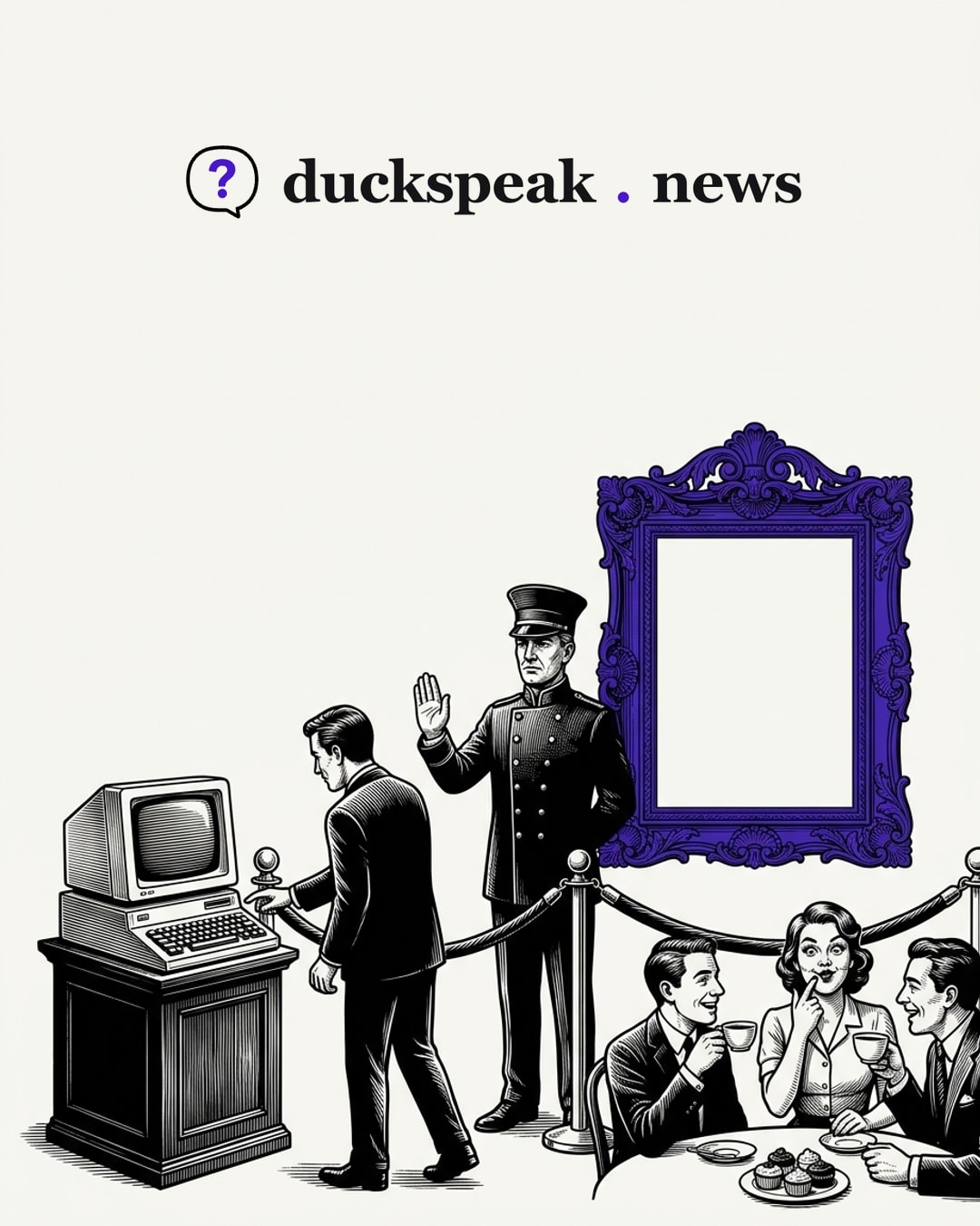 The doorman raises his hand, and the man stops short of the keyboard. The rule being enforced should hang in the ornate frame beside him, which holds nothing; at the next table the guests sip their tea and pull faces, and nobody looks up at it.
