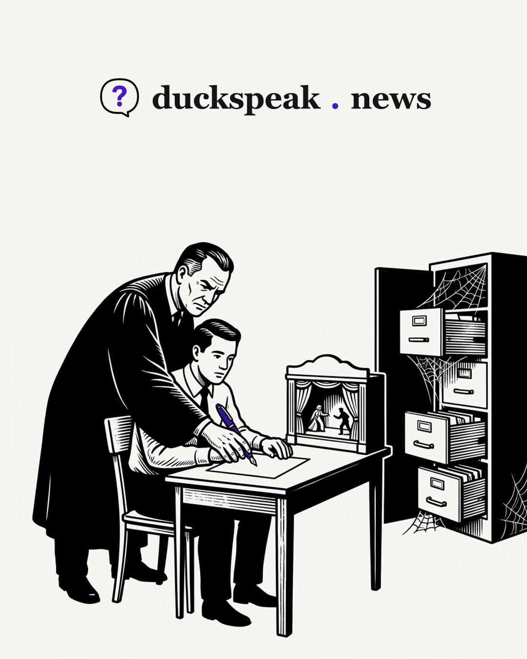 Penché sur l'épaule du journaliste, le procureur guide sa main et tient la plume avec lui. Sur le bureau, un petit théâtre joue déjà le feuilleton ; à côté, l'armoire aux dossiers reste grande ouverte, tiroirs tirés et toiles d'araignée, sans personne pour la garder.