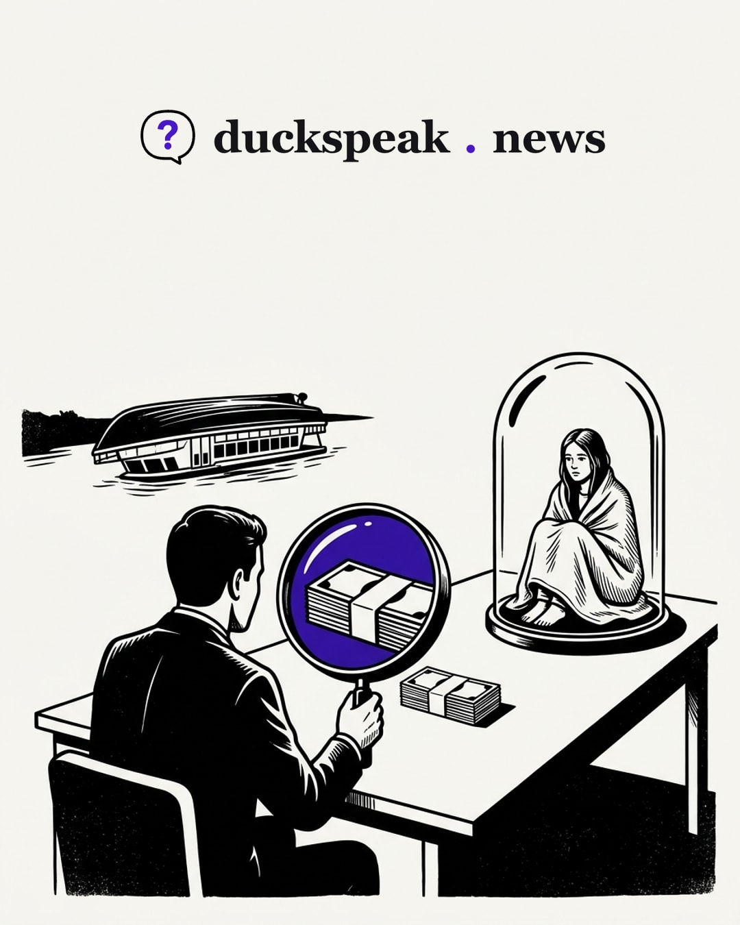 Under the reporter's lens, a modest bundle of banknotes swells to fill the glass. The woman sits at the far end of the desk under a bell jar, kept at a distance like an exhibit, and behind them the tour boat lies keeled over in the river with nobody at the helm.