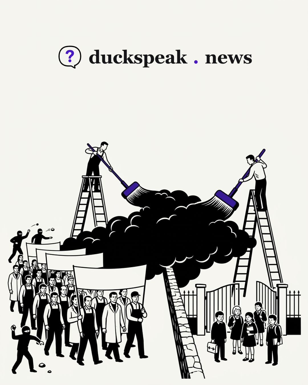 Two painters on ladders brush one great cloud of black smoke across the wall, until the workers' orderly march and the schoolchildren at the gate beyond it merge into a single disorder. The few masked stone-throwers stay at the edge of the march, small enough to miss.