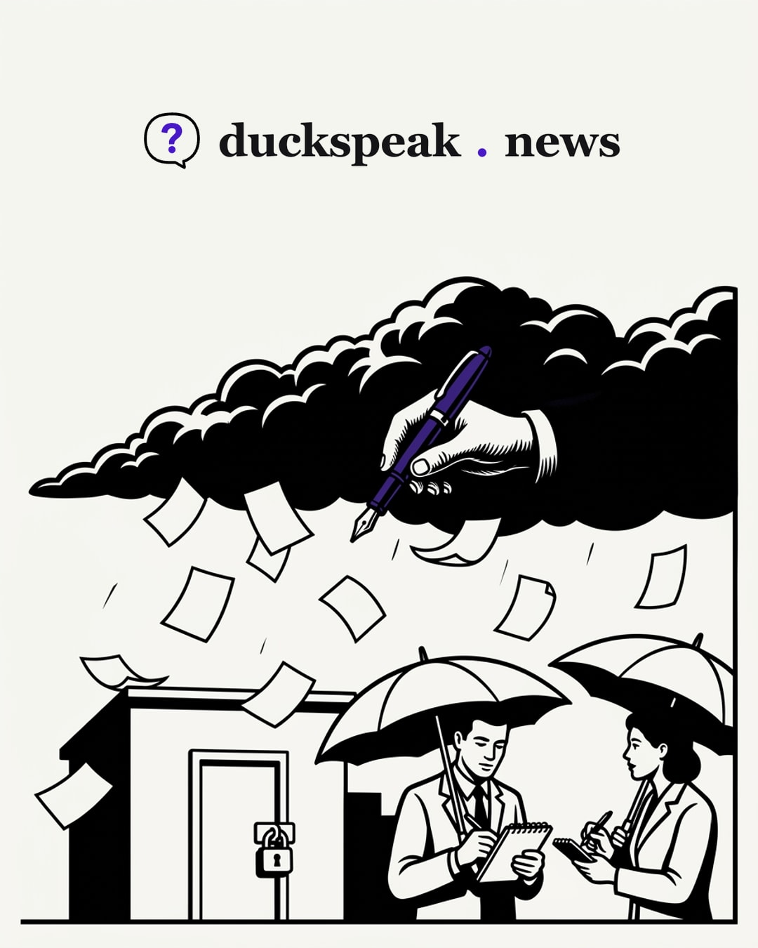 Il pleut des feuilles sur une porte déjà cadenassée, et les deux reporters, sous leurs parapluies, notent l'averse comme on relève la météo. Dans le nuage, une main tient le stylo qui signe ; aucun carnet ne la mentionne.