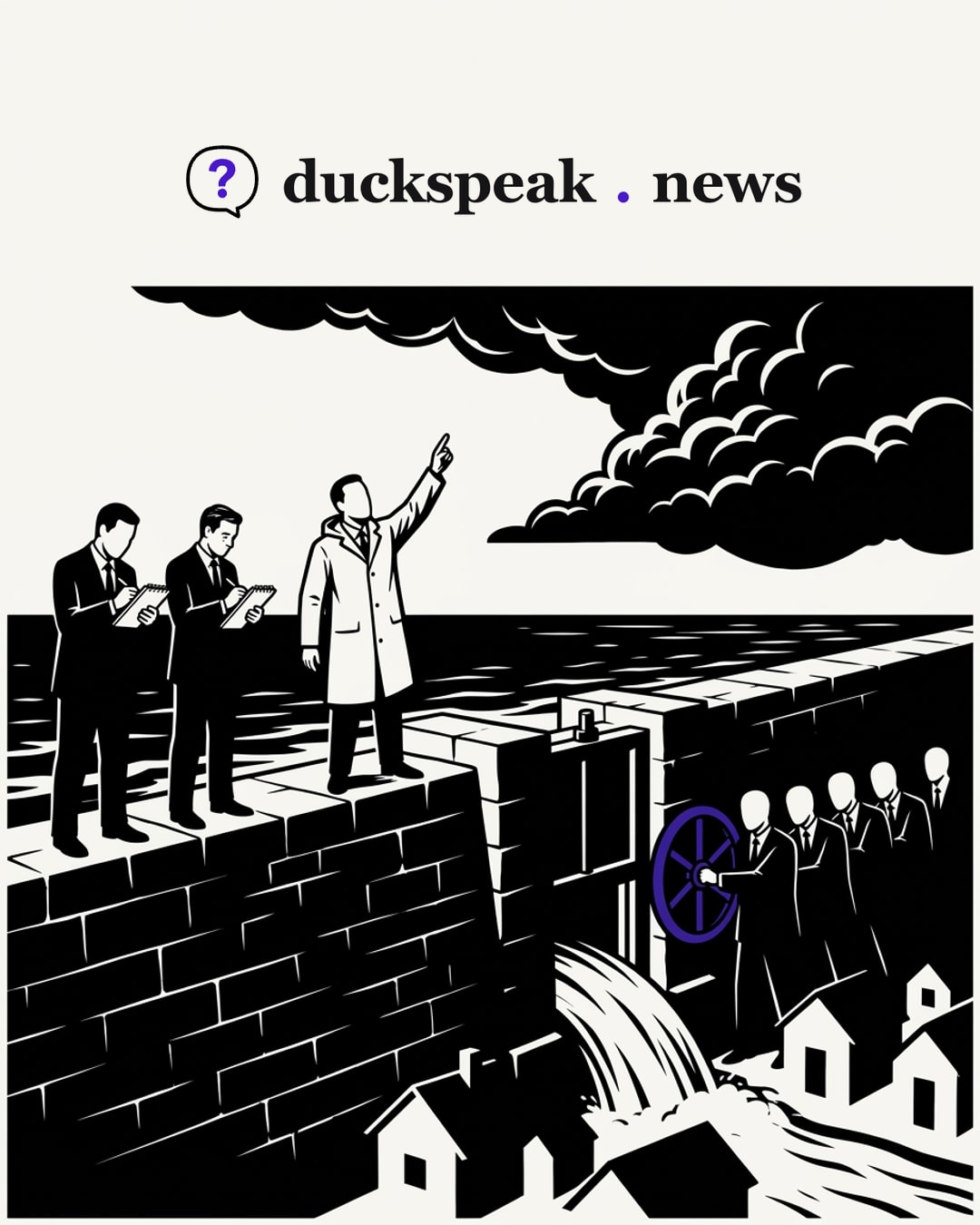 On the sea wall the official points at the storm, and the two reporters write it down. Below him, men in suits turn the wheel of a sluice gate already open, and the water pours into the houses: the flood is called weather by the people opening the gate.