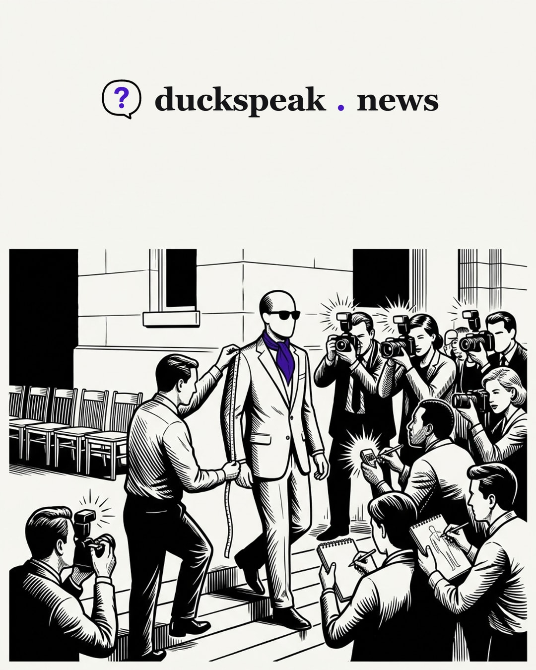 On the courthouse steps the press measures his sleeve, sketches his suit and fires flashes at his neckerchief. At the side, a row of empty chairs waits, and no one turns to look.
