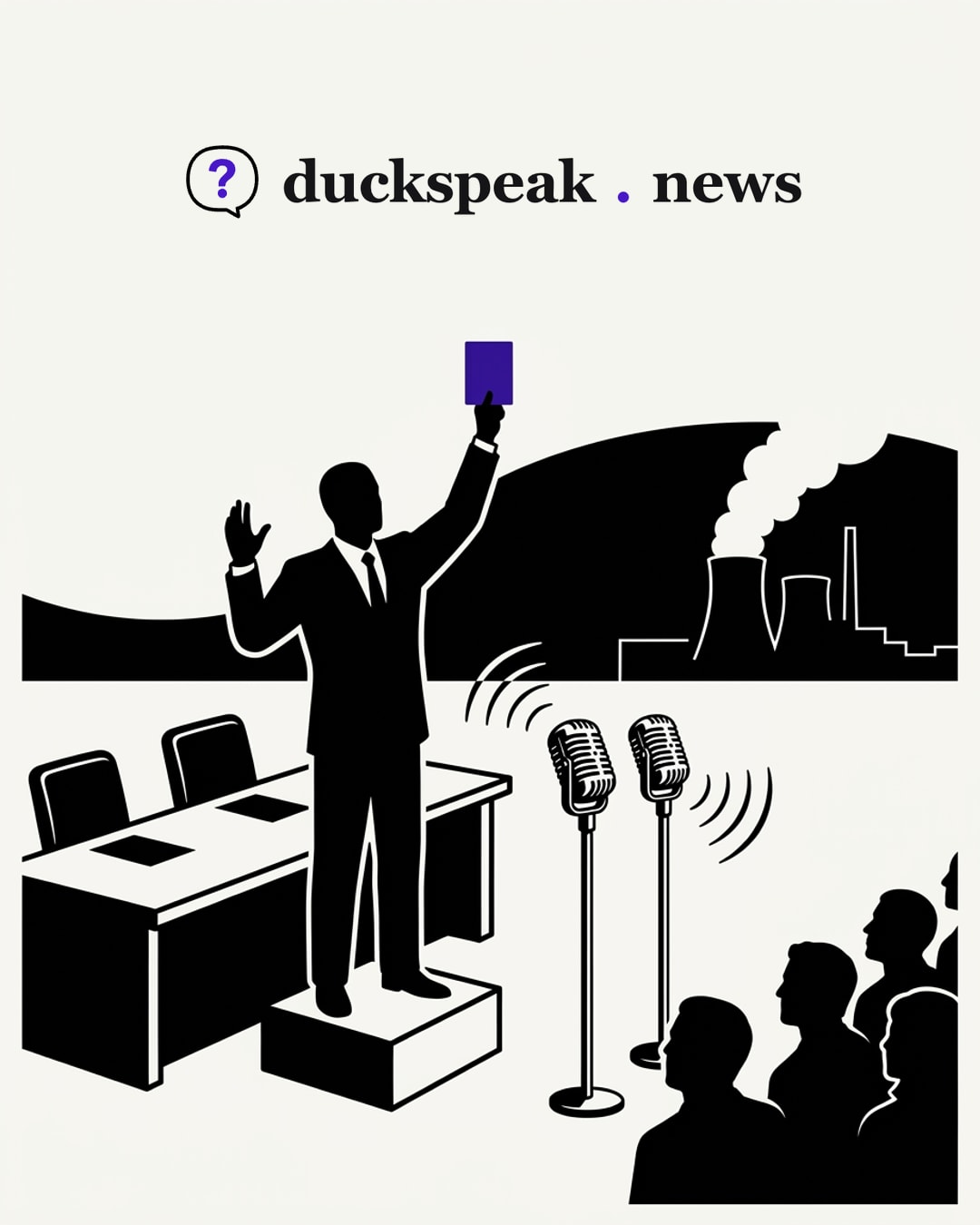 One man on a box holds up one small card, and two identical microphones carry it to the crowd. The negotiating table beside him has two empty chairs, and behind him the power station is still smoking: the deal exists because he said so, twice over.