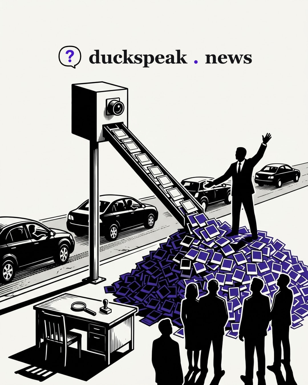 The roadside camera pours its prints down a chute into a mountain, and the official on top presents the haul to the crowd. Beside the pole, the desk with the magnifying glass and the stamp stays empty: every print counted, not one checked.