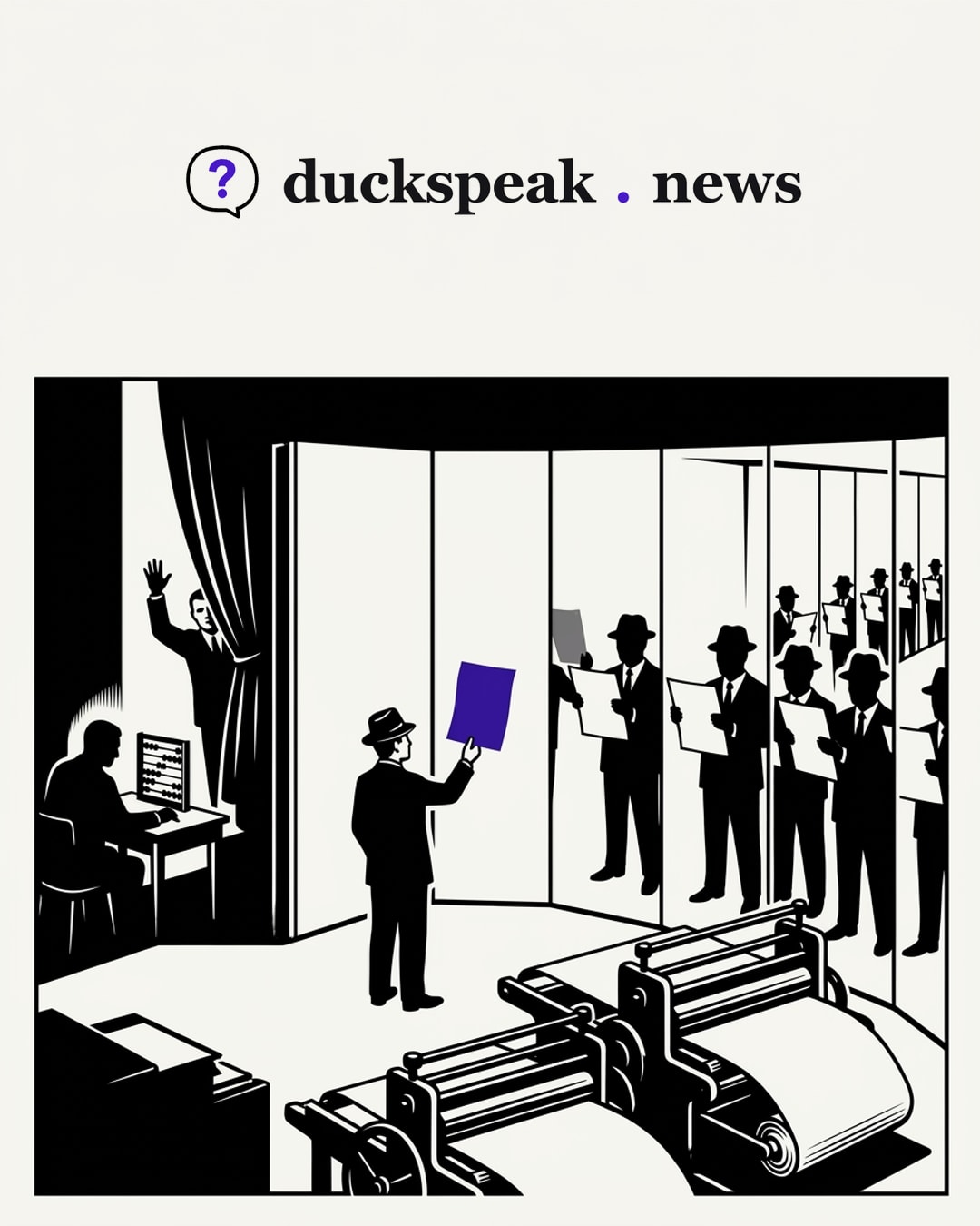 One man in a hat holds up one sheet, and the mirrors turn him into a whole row of men reading the same page while the presses roll. In the corner the abacus sits untouched, and behind the curtain a raised hand objects to no one: one report, printed as a chorus.