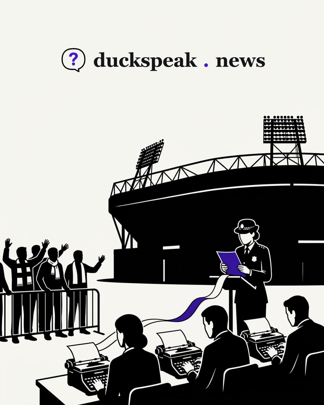 Outside the stadium the officer reads her one sheet, and a single ribbon carries it into three typewriters at once. Behind the barrier the supporters wave to be heard, and none of the three reporters looks up: three bylines, one statement.