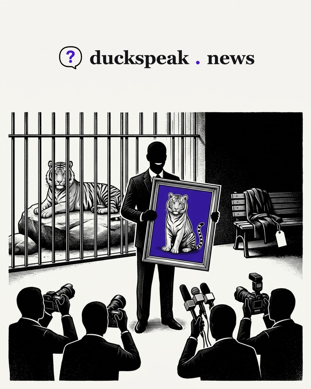 The spokesman beams and holds up the tiger's framed portrait for the cameras, while the tiger itself rests calmly behind the bars. Off to the side, a coat lies folded on an empty bench with a blank tag hanging from it: the animal gets a portrait, the man gets a tag with nothing on it.