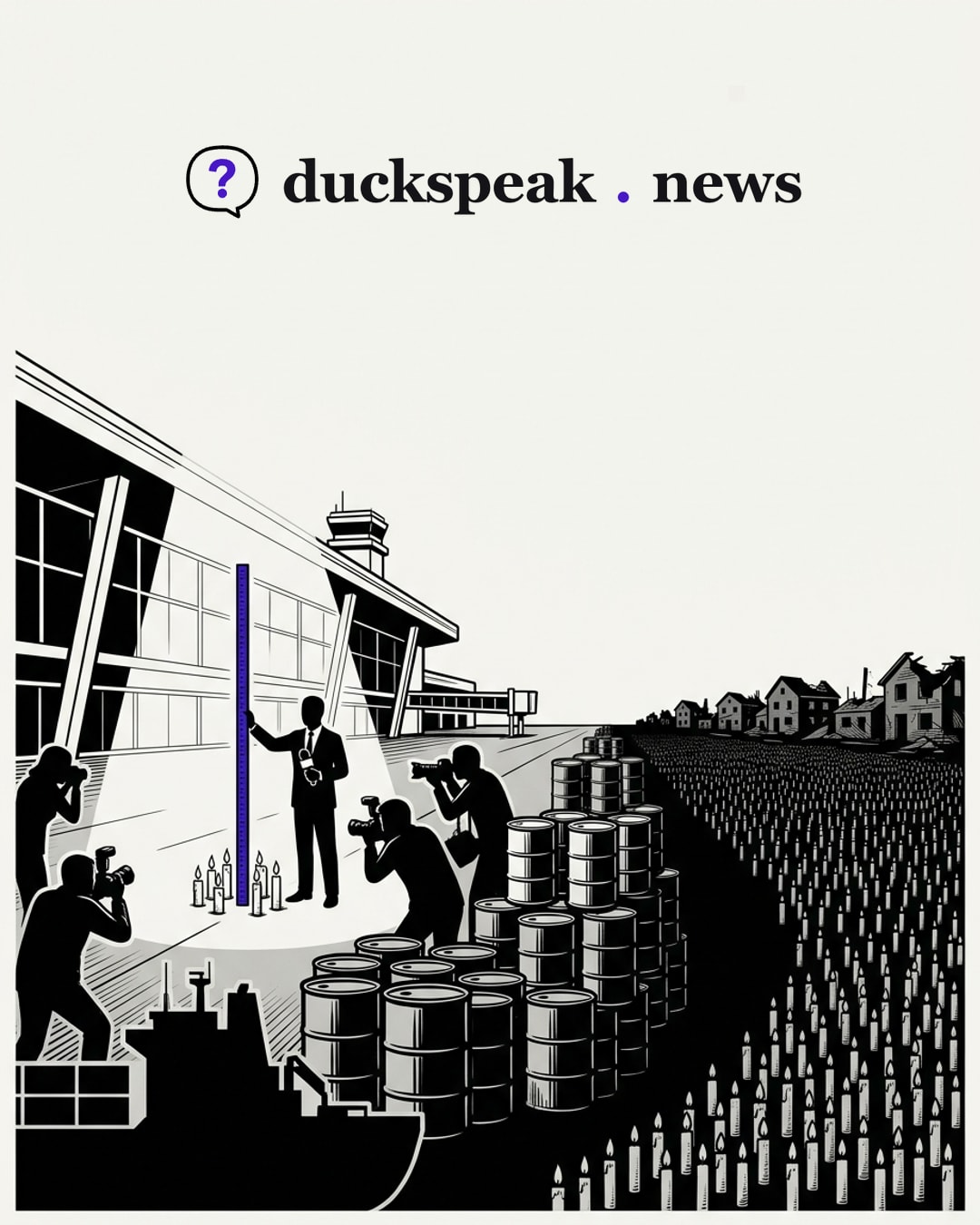 In the spotlight by the airport terminal, the reporter stands a measuring rod beside a few candles while the photographers crowd in. Past the wall of oil barrels, a field of candles runs all the way to the ruined houses, and nobody brings a rod: the record only counts one side.