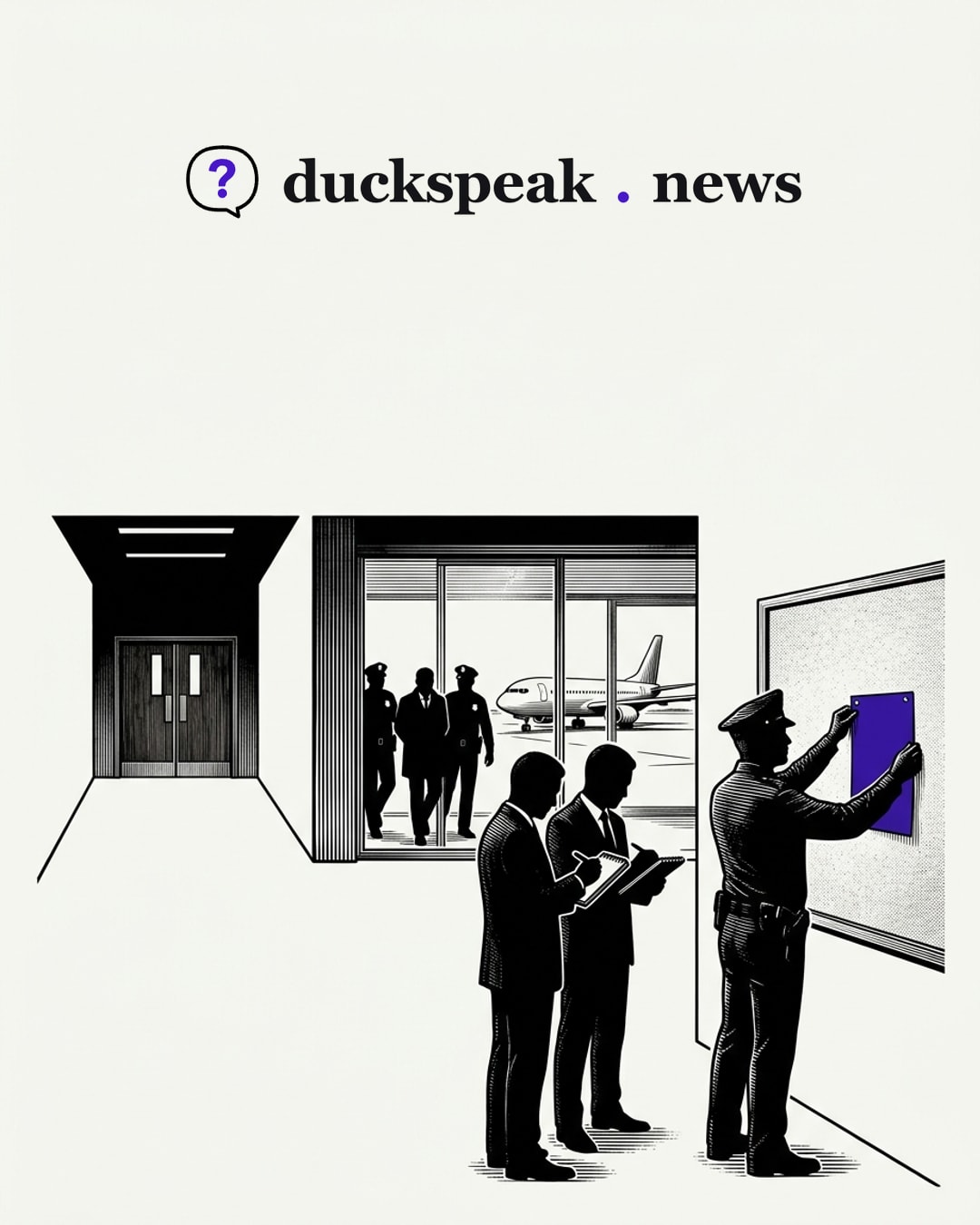 The officer pins up his one sheet, and two reporters copy it line for line while a man is walked in off the tarmac between two uniforms. At the end of the hall a pair of closed doors waits under a dark lintel, and nobody turns toward them: the arrival is the story, the process is out of frame.