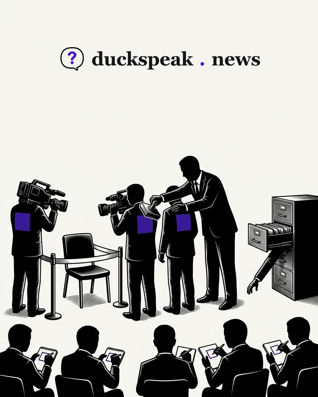 The camera operators stand by the roped-off chair they won't take, and the official stamps each of their backs. In the front row, the reporters copy the same square into their notebooks, while an arm reaches unseen into the open filing cabinet: the label is the state's, and the press draws it in.