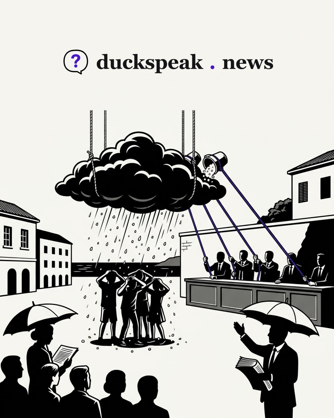 Sur la place, un nuage noir déverse la grêle sur un petit groupe qui se protège la tête, et le journaliste sous son parapluie le commente comme la météo. Le nuage pend pourtant à des cordes, et ce sont des hommes en costume, assis derrière leur banc, qui les tirent : l'orage a des auteurs, l'article ne les regarde pas.