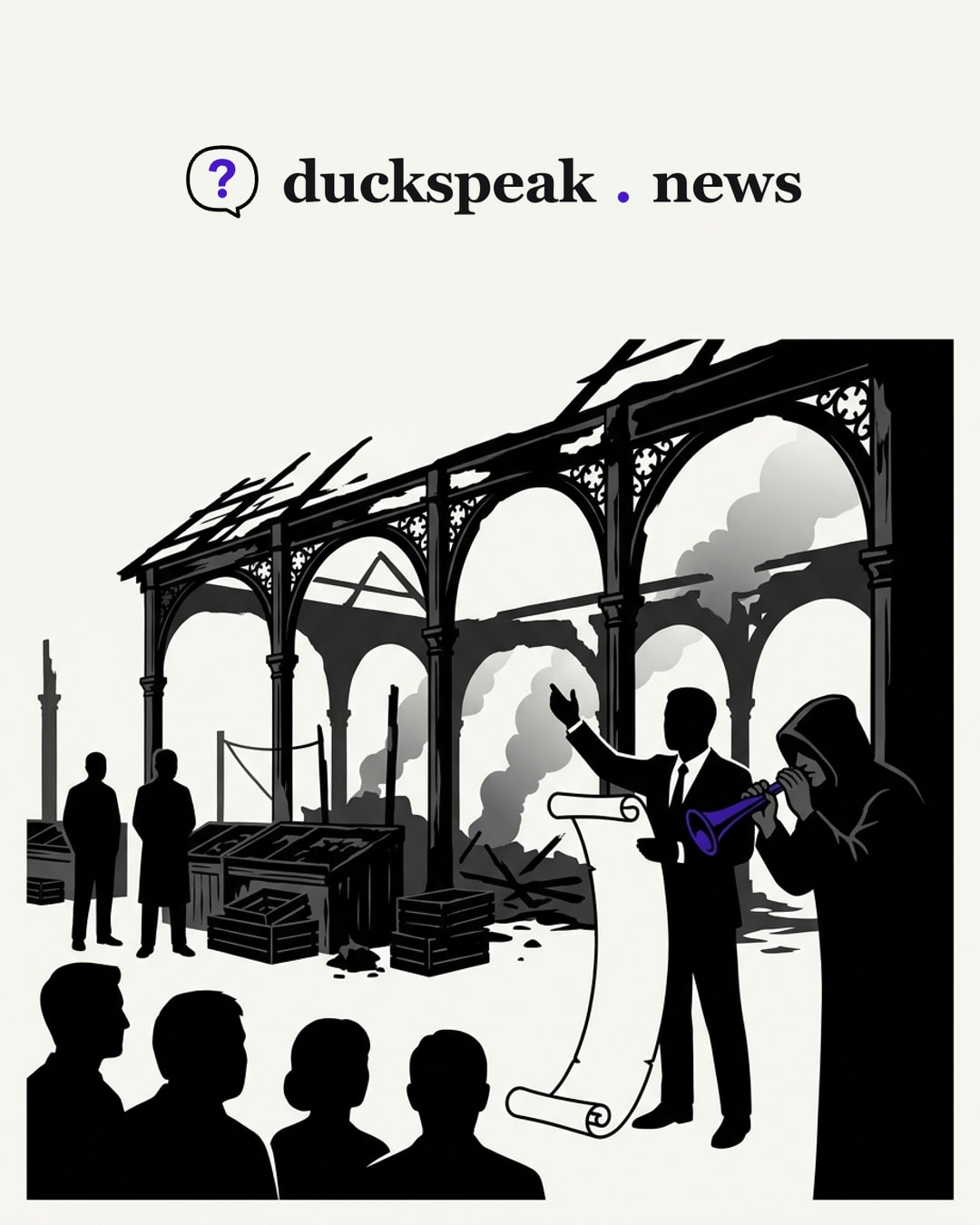Devant les arches calcinées, le reporter déroule l'histoire du marché sur un long parchemin, et derrière lui une silhouette encapuchonnée souffle dans un cornet tourné vers la foule. Les commerçants, debout près de leurs cagettes vides, restent muets : on récite l'histoire, on relaie la rumeur, et la cause n'a pas de voix.