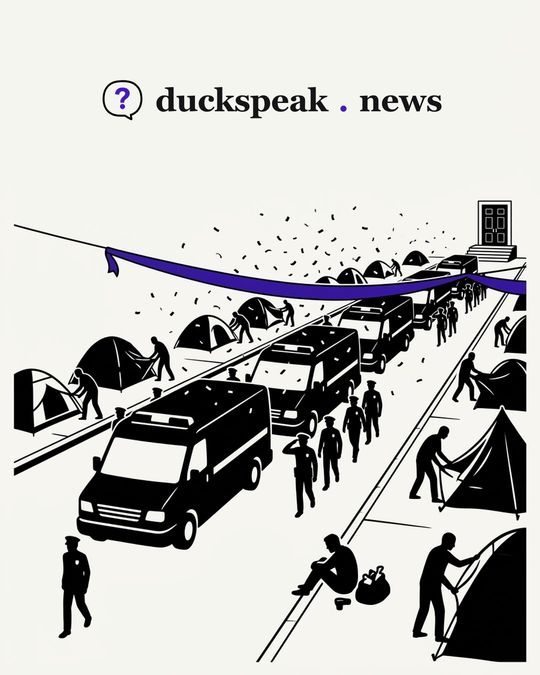 The police vans roll down the street under a festive ribbon and falling confetti, officers saluting alongside, while the tents come down on both pavements. A man sits on the curb beside his one bag, and at the far end the courthouse door stays shut: a raid, dressed as a parade.