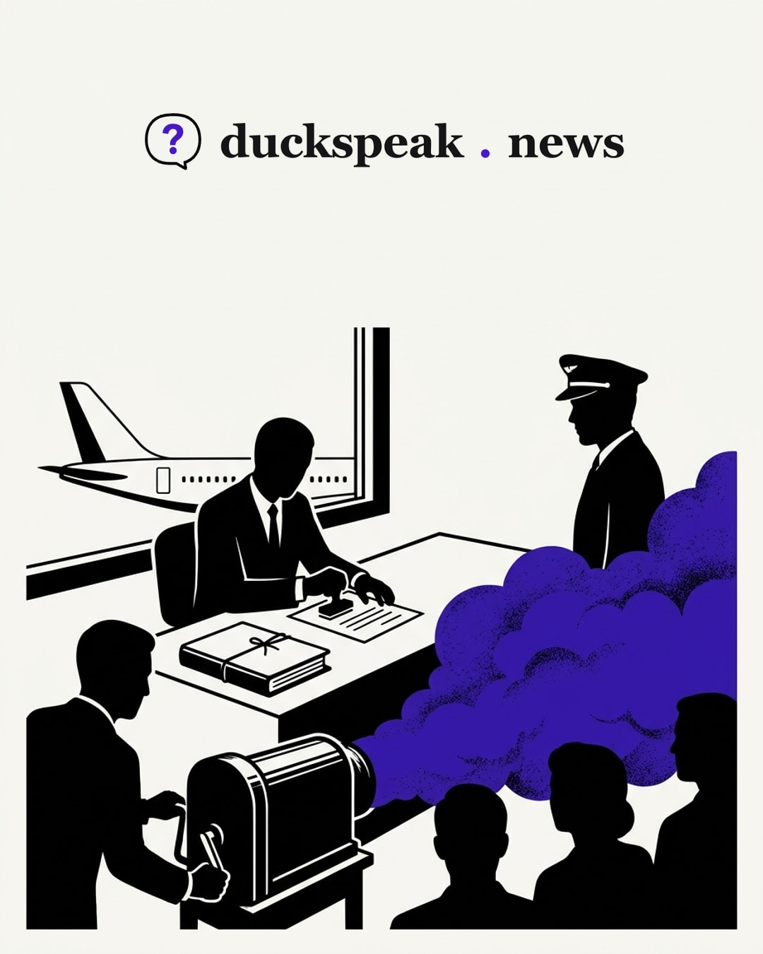 The clerk stamps the papers without looking up, the pilot waits, and the tied folder from the other office sits unopened by his elbow. In front, a reporter cranks a fog machine until the cloud rolls over the desk toward the readers: the answer is on the table, and the fog makes it unclear.