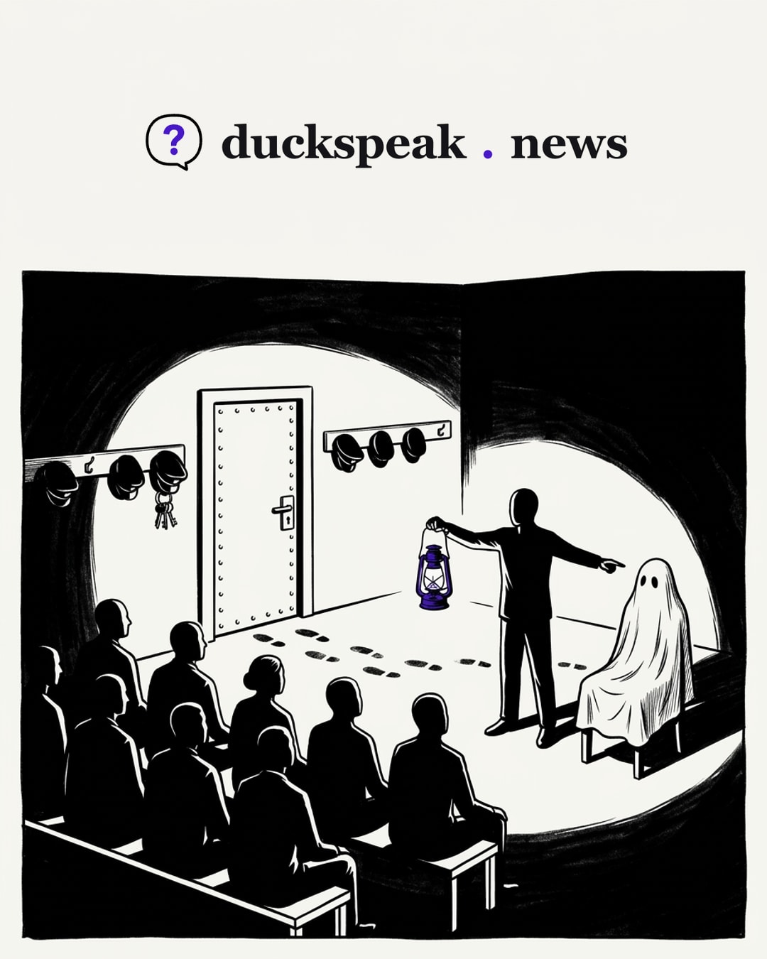 Lantern held high, the storyteller points at the sheet-draped chair, and the audience leans in for the ghost story. Beside the riveted door, caps and keys hang on their hooks and footprints lead off the floor, and nobody asks whose they are: a story with a ghost, and no one who did anything.