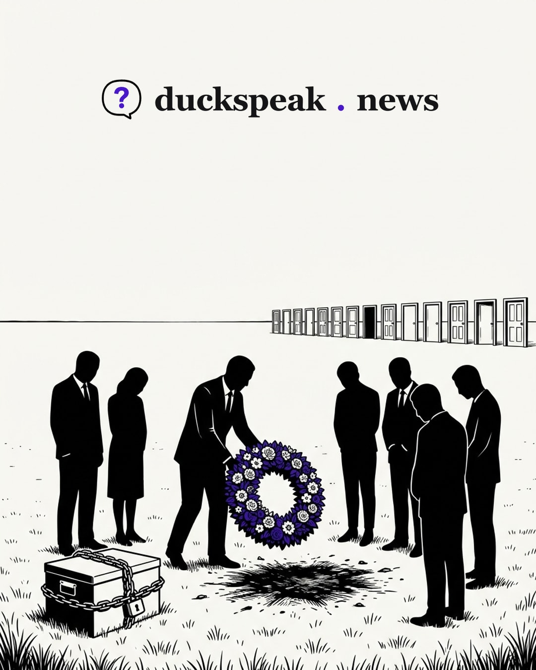 The official lowers a wreath toward the scorched patch of ground, and the mourners bow their heads. Beside them a document box sits chained and padlocked, and on the horizon a long row of doors stands shut: the flowers cover the spot, the questions stay locked.