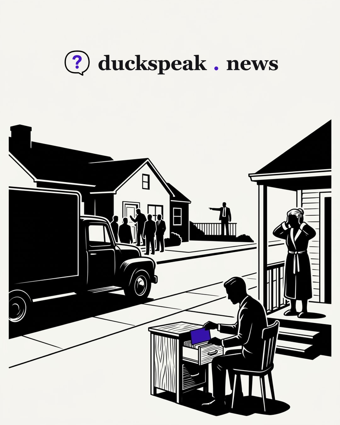 Agents crowd the front door behind a big truck, and across the street a woman in her dressing gown covers her ears. In the foreground a clerk files one card into a drawer without looking up, and on a balcony down the road a man in a suit points at the house: the noise gets a filing label, the man pointing gets none.
