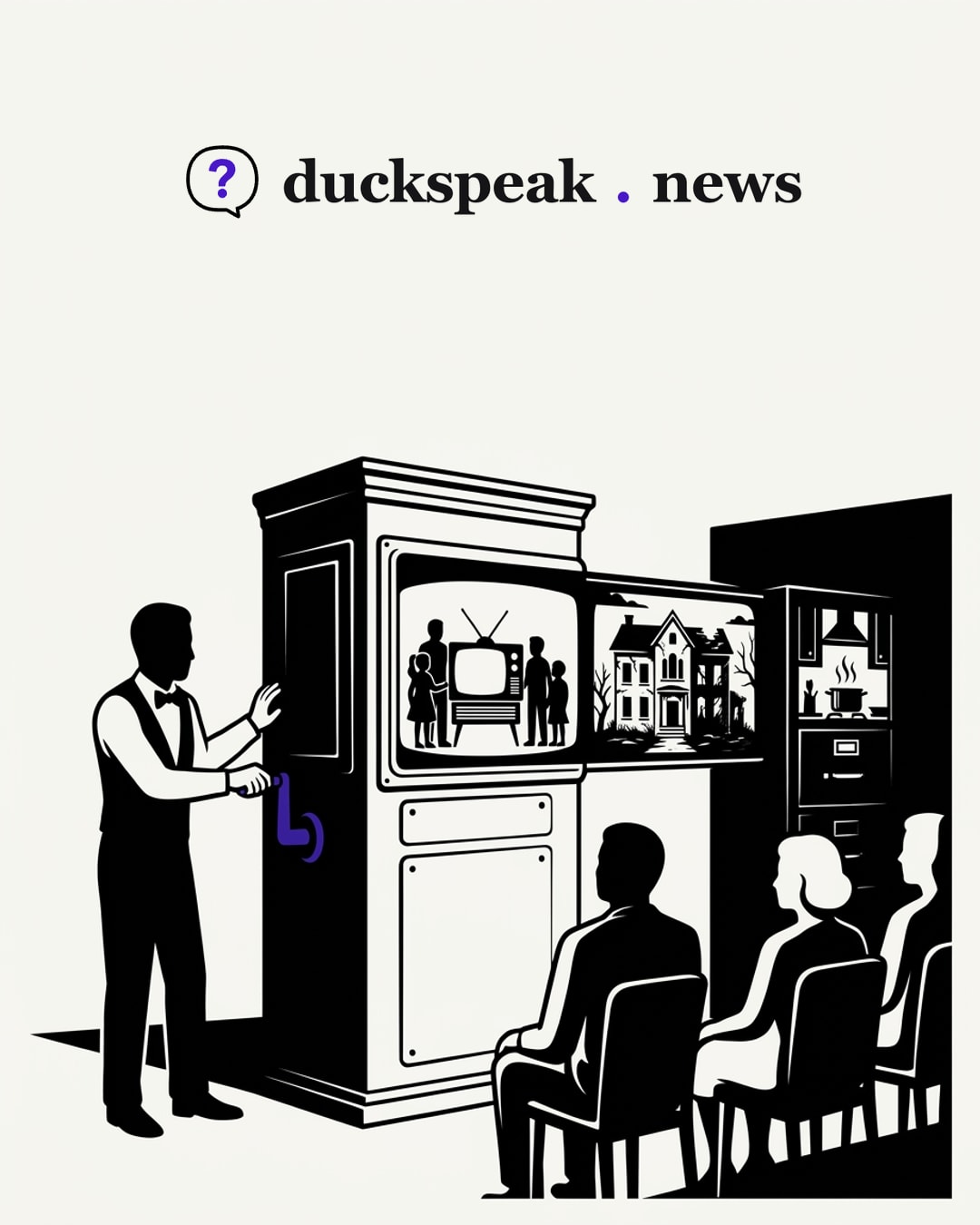 The showman turns the crank, and the window scrolls from a family around a television to a crumbling mansion to a kitchen with a steaming pot, while the audience leans in. Beside the machine the filing cabinet stays shut: three feelings in a row, and not one drawer opened.