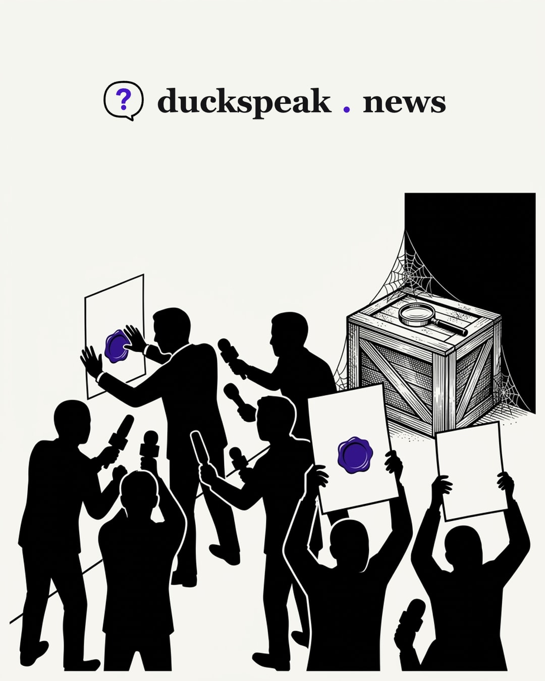 The reporters press the spokesman against the wall until he stamps his seal on the sheet, and they hold up the sealed pages like trophies. Behind them, the crate sits under cobwebs with the magnifying glass on its lid: the seal answers the question, and no one has looked inside.