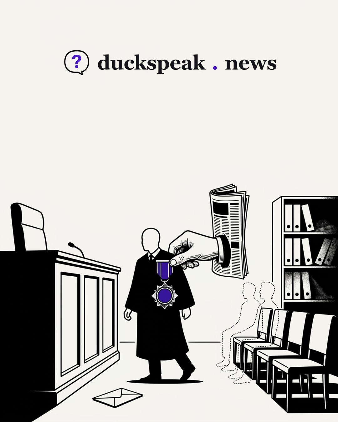 A hand reaches out of a folded newspaper to pin a medal on a judge for taking one step away from the bench. The envelope at his feet stays sealed, the chairs hold only dotted outlines of people nobody names, and the binders on the shelf sit untouched: the medal fills the space where the reason should be.