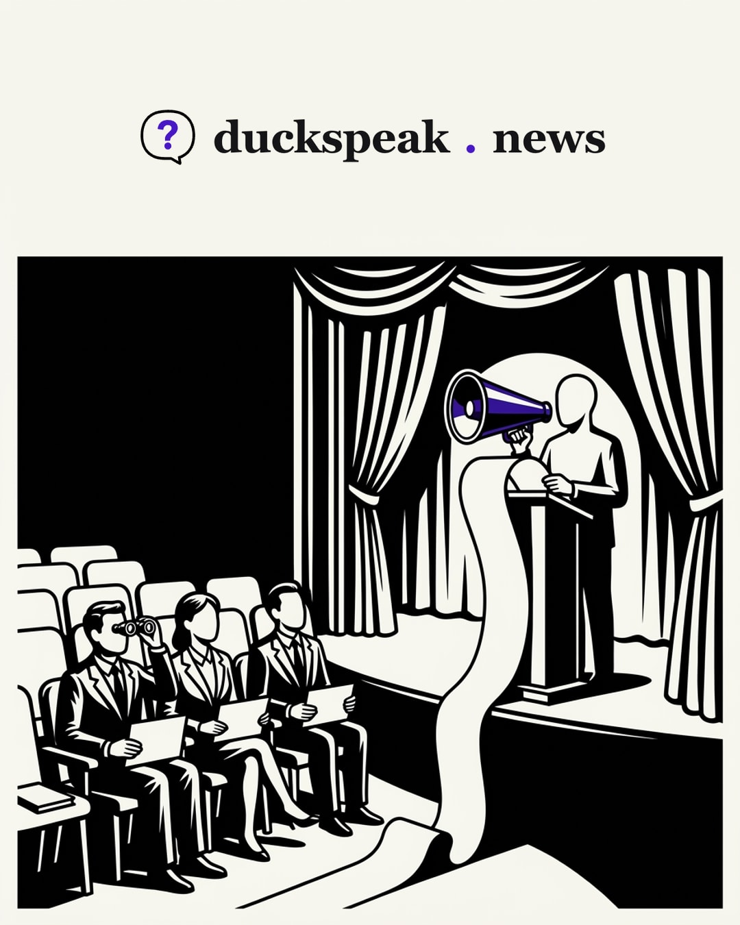 A faceless spokesperson reads from a script long enough to reach the stalls and speaks through a megaphone, while three reporters in the front row hold their papers like programmes and one studies the delivery through opera glasses. The rest of the seats are empty: the questions have become an audience reviewing the show.