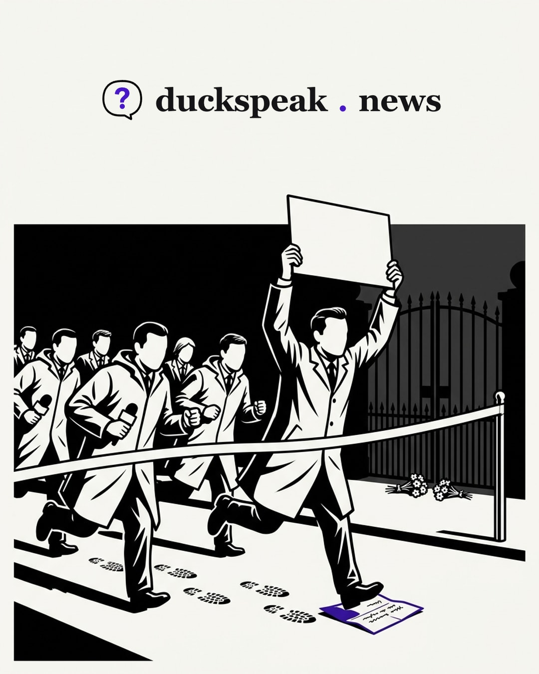 A pack of reporters races for the tape, the leader hoisting a blank card like a trophy, his heel planted on a small handwritten note. Flowers lie at a closed gate behind them, and the footprints show the request was read, then run over.