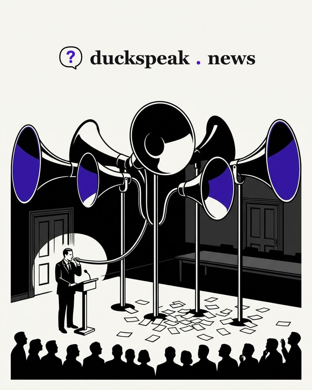One man murmurs into a tube; five horns turn it into a siren over the crowd. The qualifications lie trampled on the floor, and the committee room at the back stays shut.