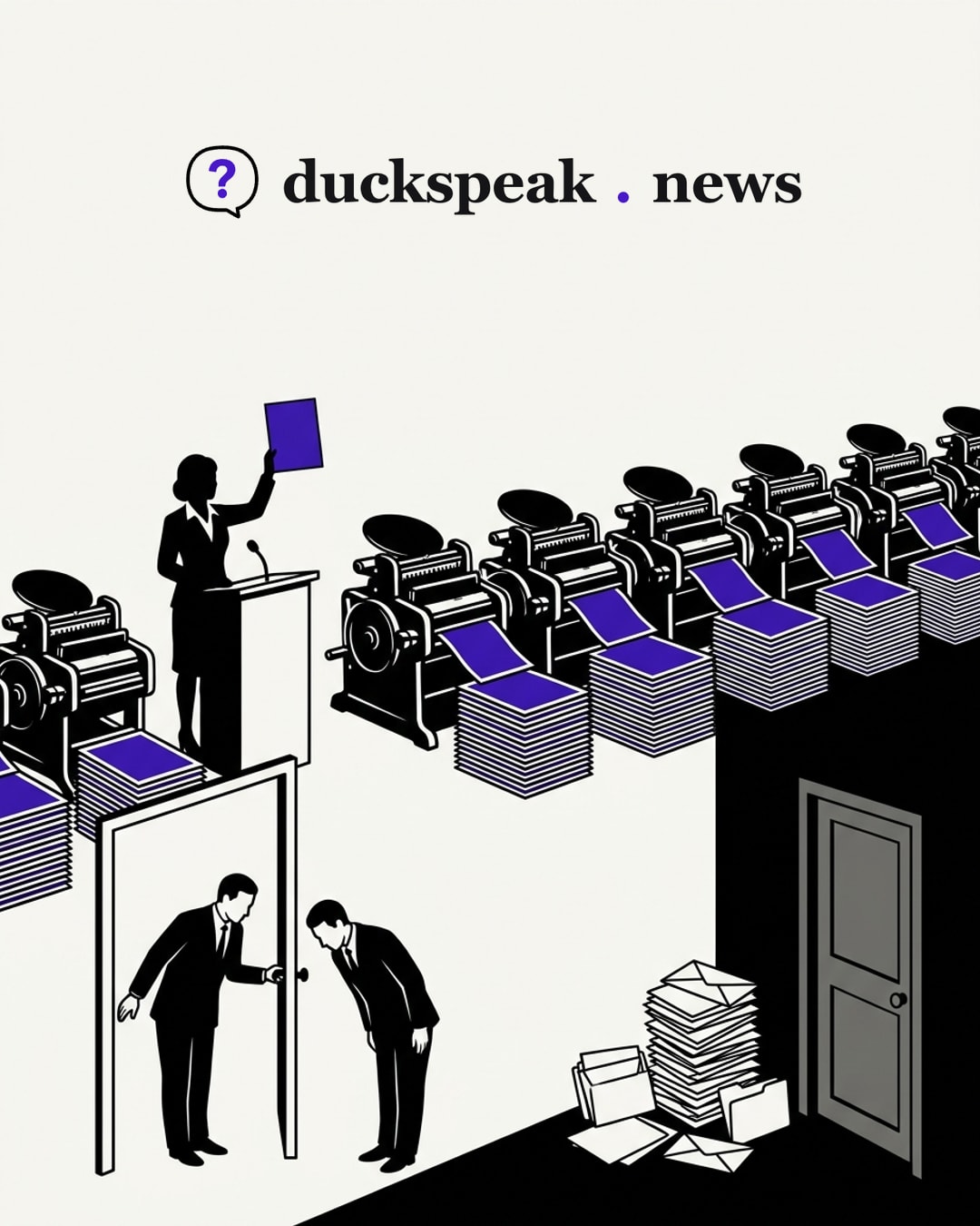One sheet held up at the podium, the same sheet rolling off every press. In front, a courteous bow at an open door; in the dark corner, the envelopes nobody opens.
