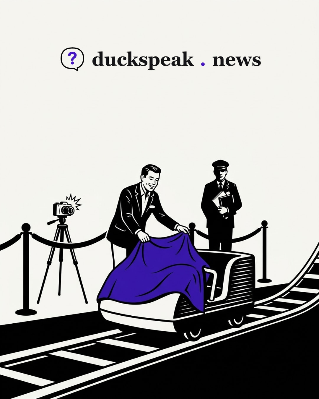 A smile, a velvet rope, a cloth drawn neatly over the empty car, and a camera flashing at the moment. The inspector with his rulebooks stands right there, and nobody turns around.