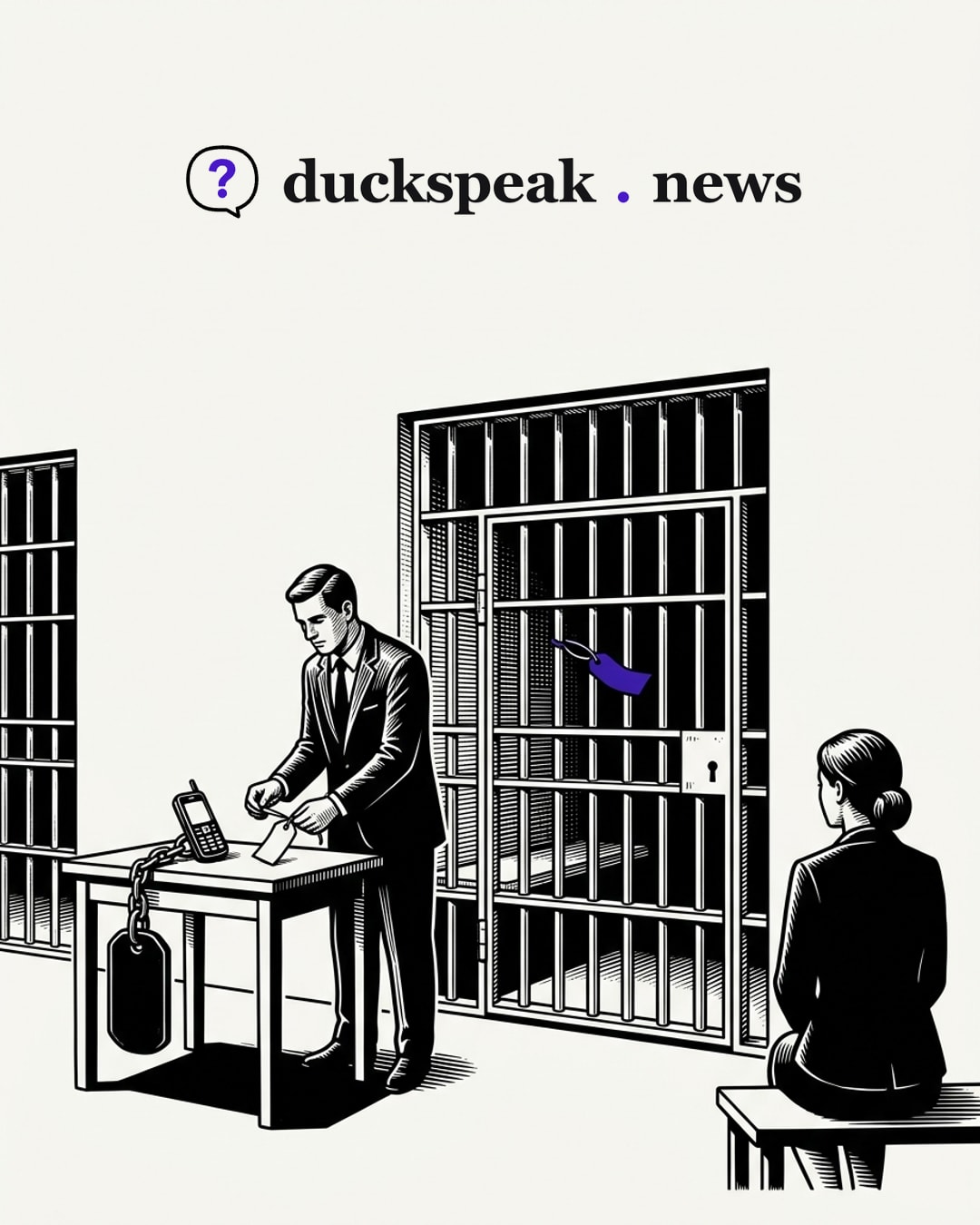 The little phone gets the iron weight; the cell door gets a paper tag. The grading of words is the whole story.