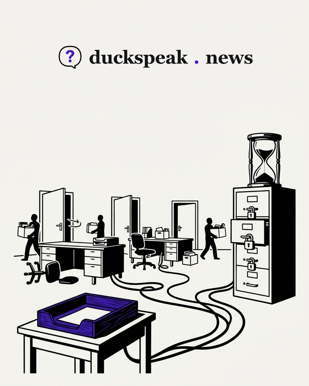 An empty desk tray, offered as mere advice. Its cables run straight to the emptied desks and the padlocked cabinet, where the hourglass keeps running: the suggestions were followed, and the records wait.
