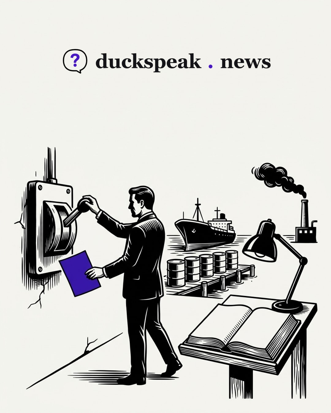 One sheet of paper in hand, one lever pulled, and the open law book on the lectern goes unconsulted. Behind, the barrels roll toward the ship: no statute required, just a switch.