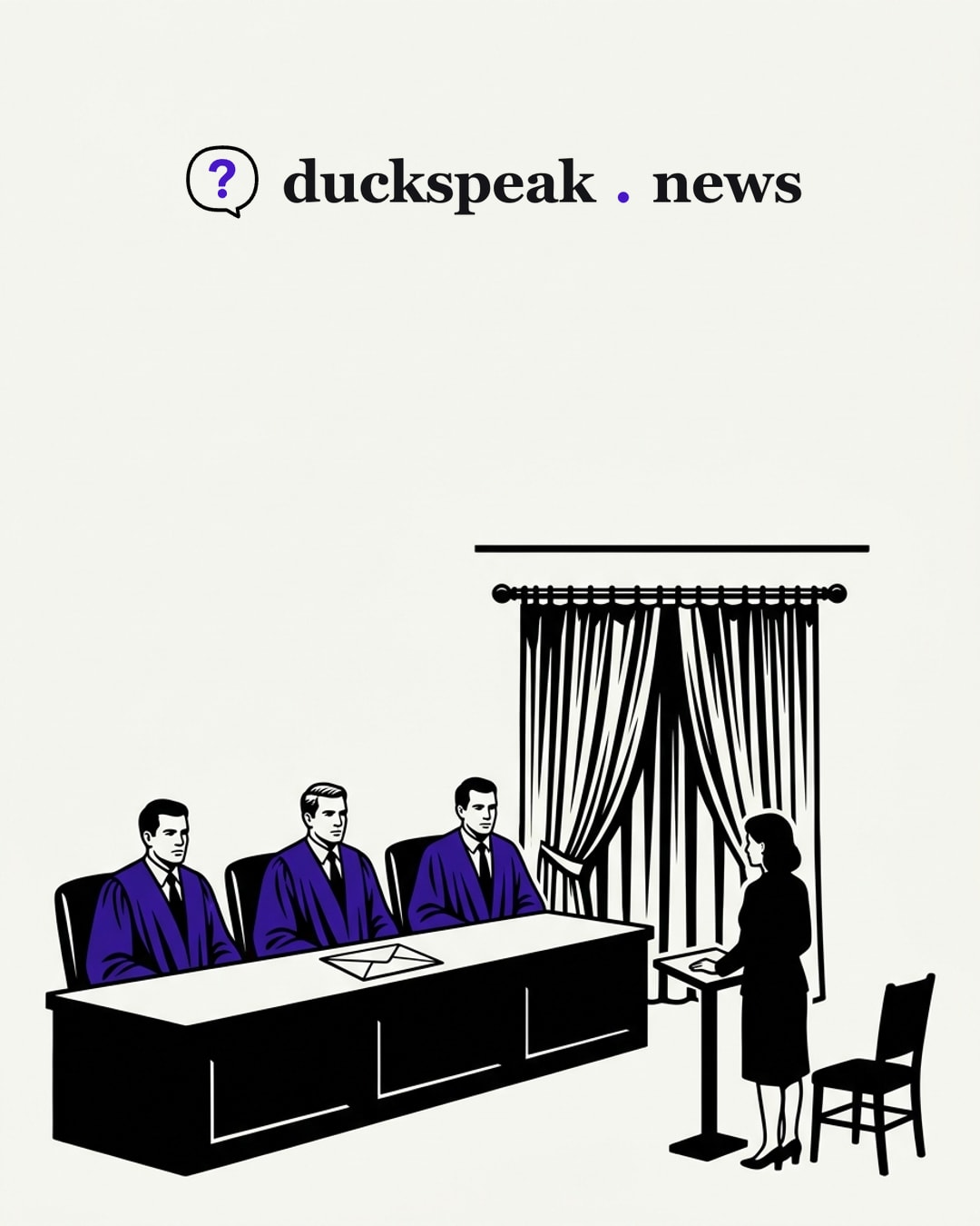 Three suits in borrowed robes, a sealed envelope already on the bench, a curtain drawn against the public. Facing them, one woman and an empty chair: the costume of an inquiry, without its substance.