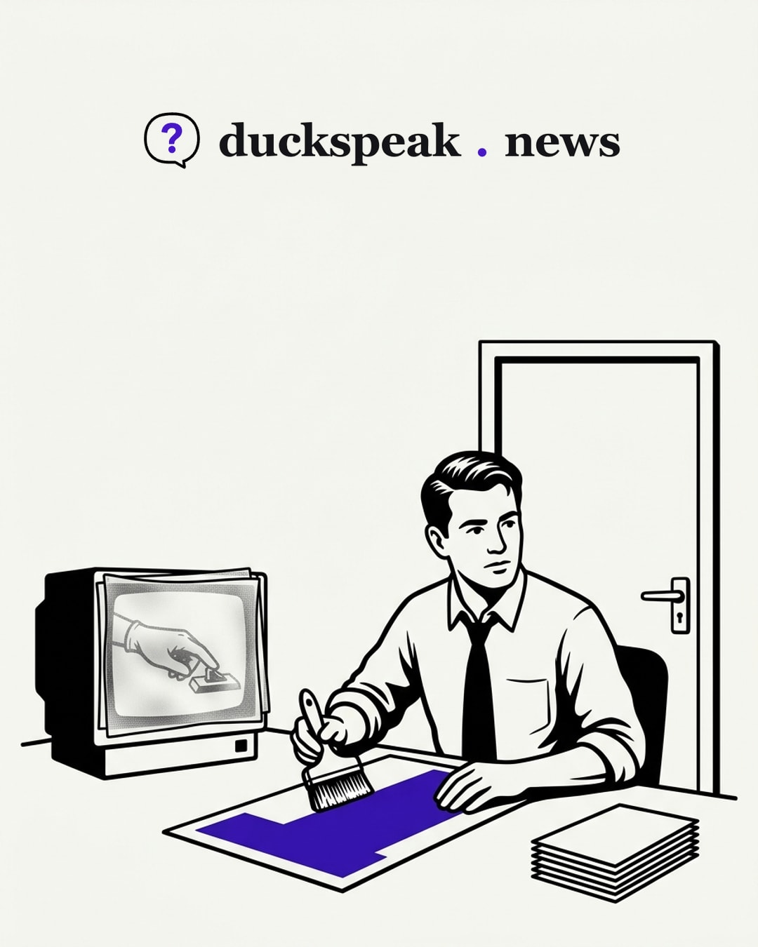 The statement goes down with a wide brush, unread, while the hand on the switch plays behind frosted veils. The cards are stacked, the door stays shut: everything gets printed except an explanation.