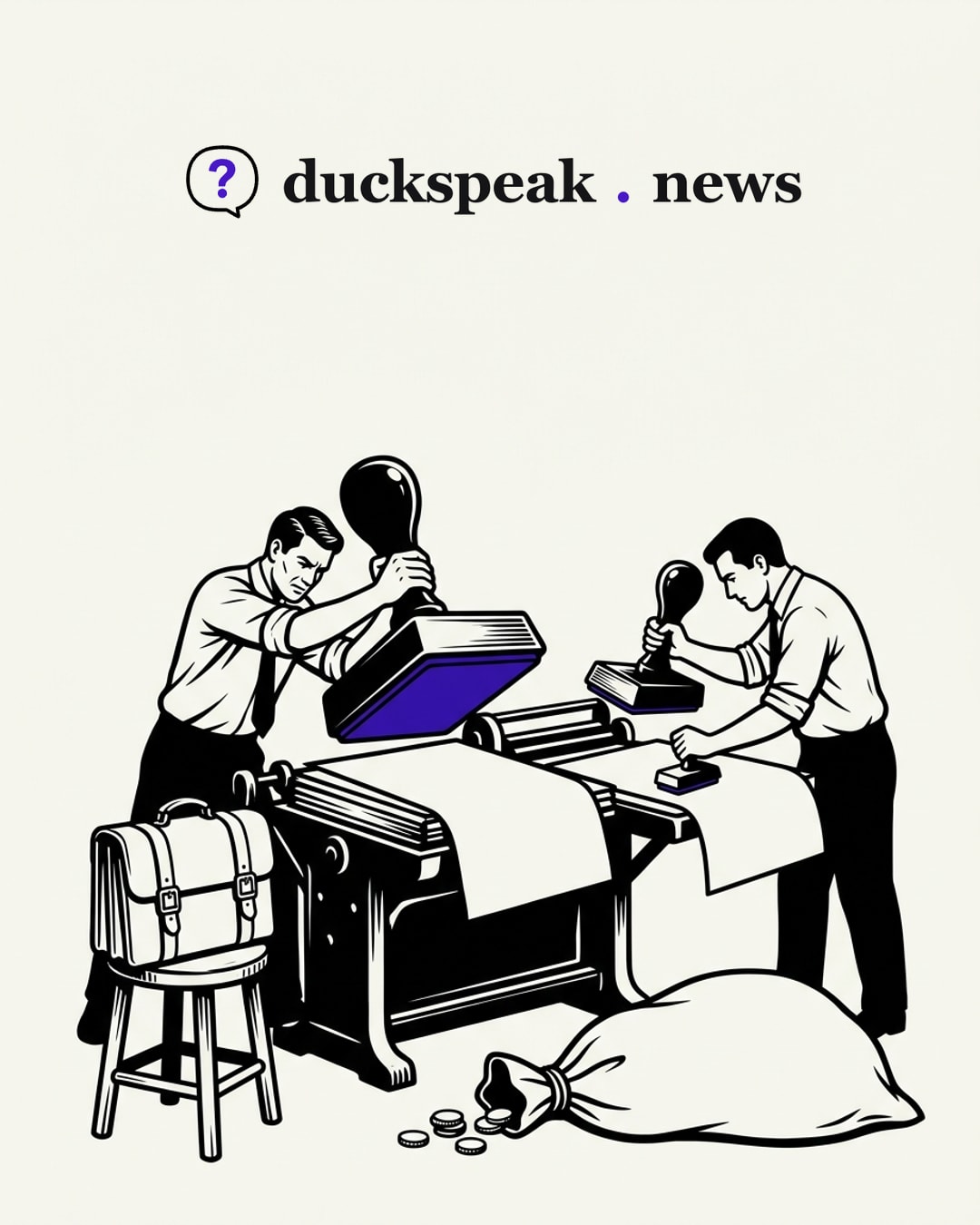 Two men bring down the same stamp on two fresh sheets. The briefcase stays buckled on its stool, and a few coins spill from a sack far too big for them: the verdict is printed, the documents stay home.
