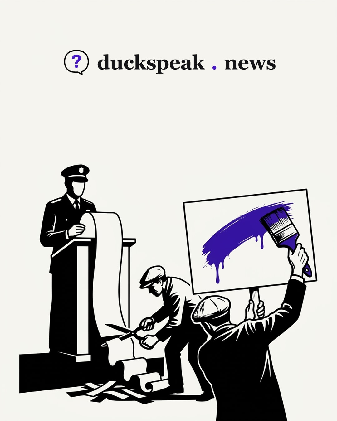 The officer at the podium reads on, his scroll unbroken from his side. Below him one man snips lengths of it into a pile nobody looks at, while another, back turned to the speech, slaps a dripping stroke across a blank placard: the cuts are silent, the paint is the headline.
