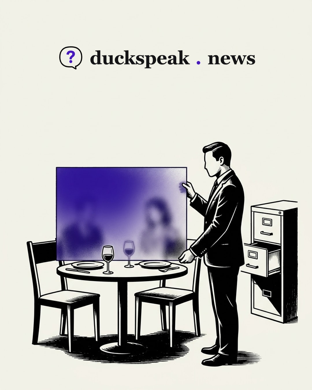 Two place settings, two glasses, two chairs, and a frosted pane held up just in front of them: the diners blur into a shape anyone could call "a small number of occasions". Behind, the drawer of the register hangs open and empty.