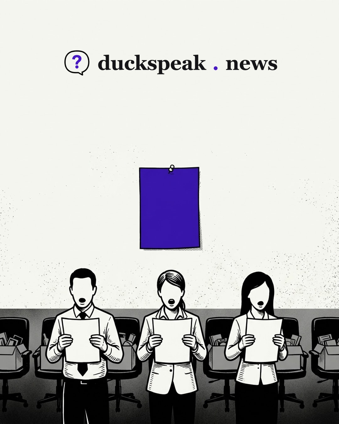 One sheet pinned to the wall, three copies read aloud word for word. Behind the readers, the chairs are empty and the boxes already packed: the memo is the story, the people leaving are the background.