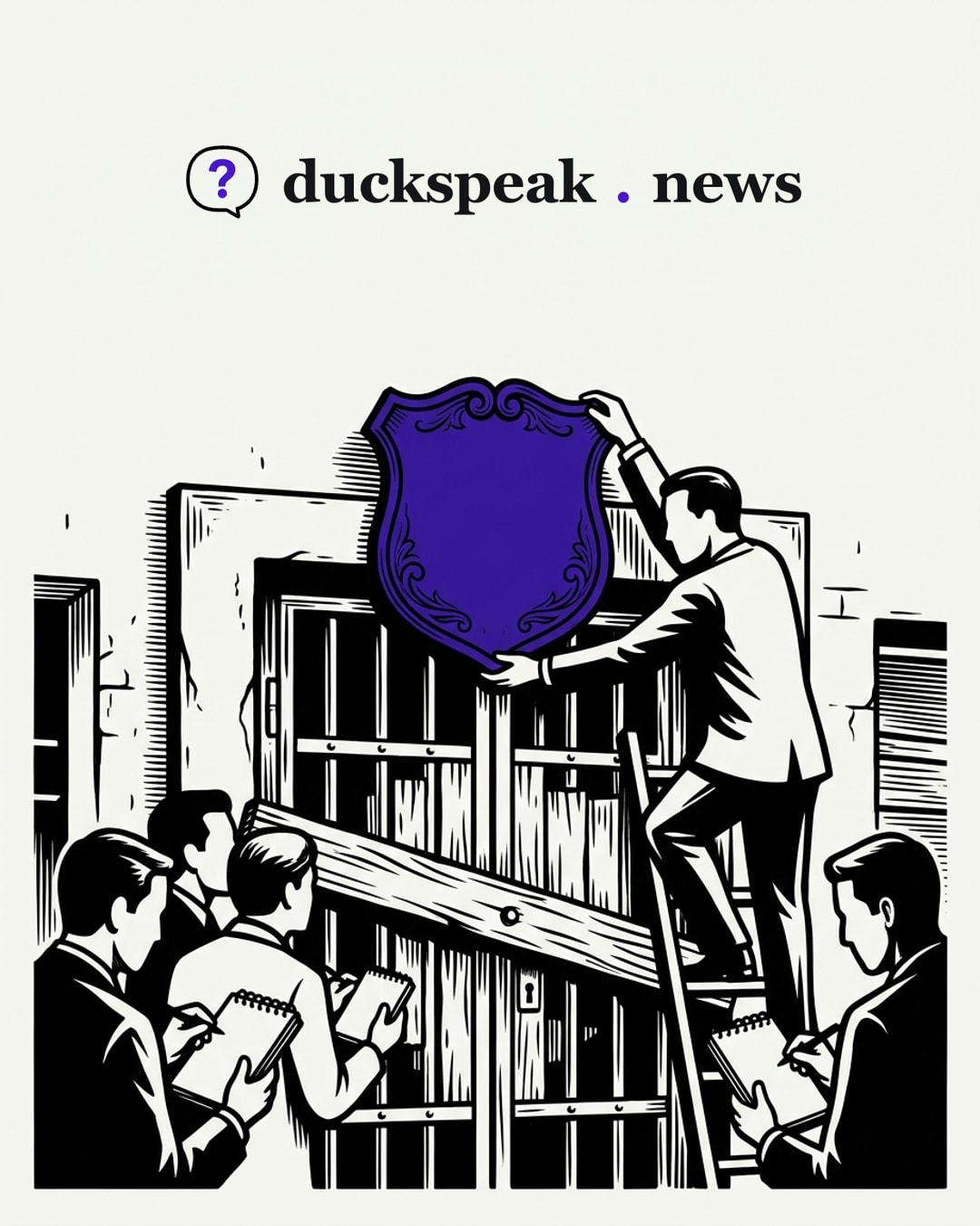 The door is already barred and the reporters already outside when the official climbs the ladder with his shield. Blank and ornate, it goes up last: the reason, hung after the fact.