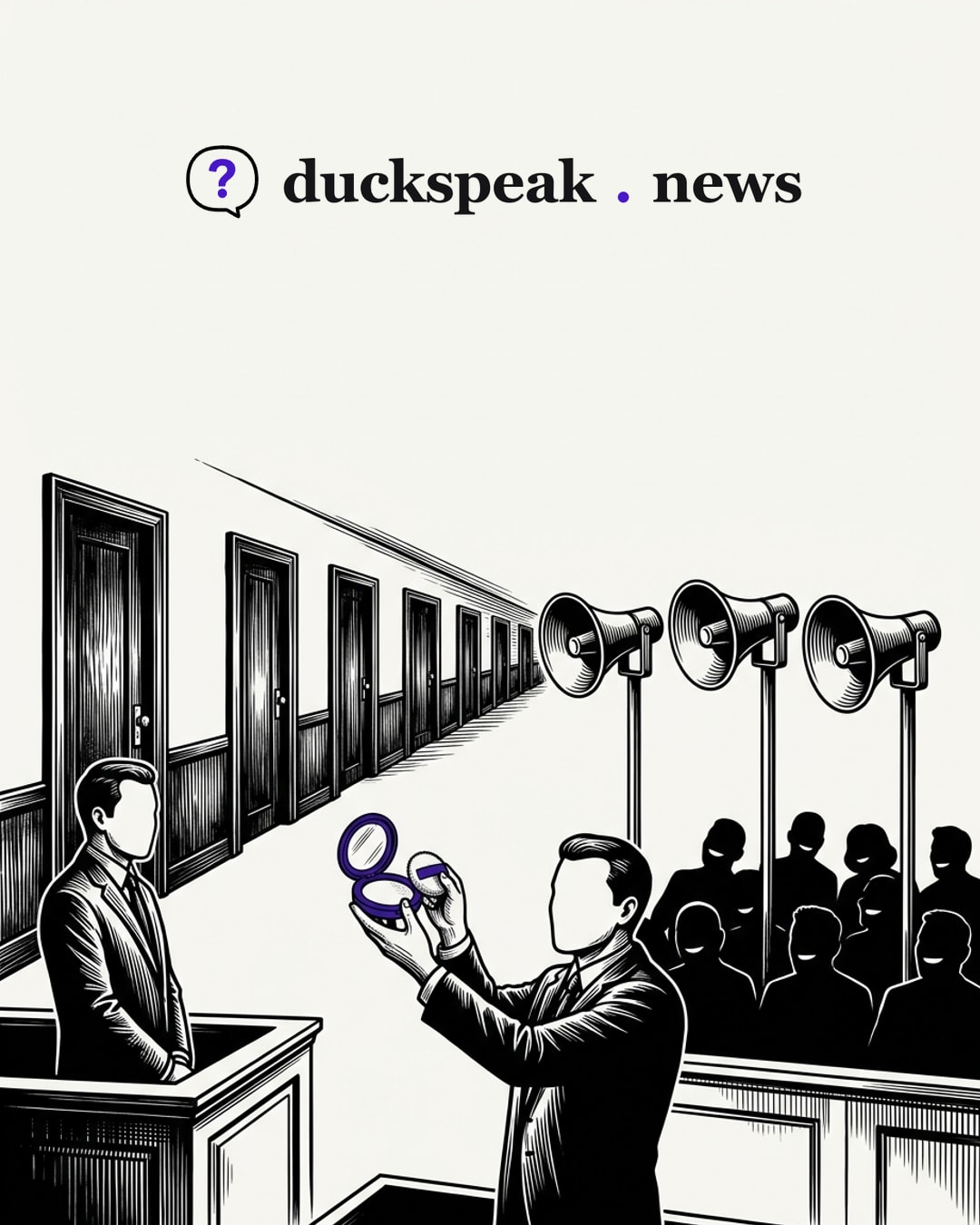 The defendant stands in the dock while the prosecutor lifts a powder compact like a trophy, three loudspeakers turned his way and the crowd laughing. Down the corridor, a row of office doors no one has knocked on: the anecdote is amplified, the system goes unexamined.
