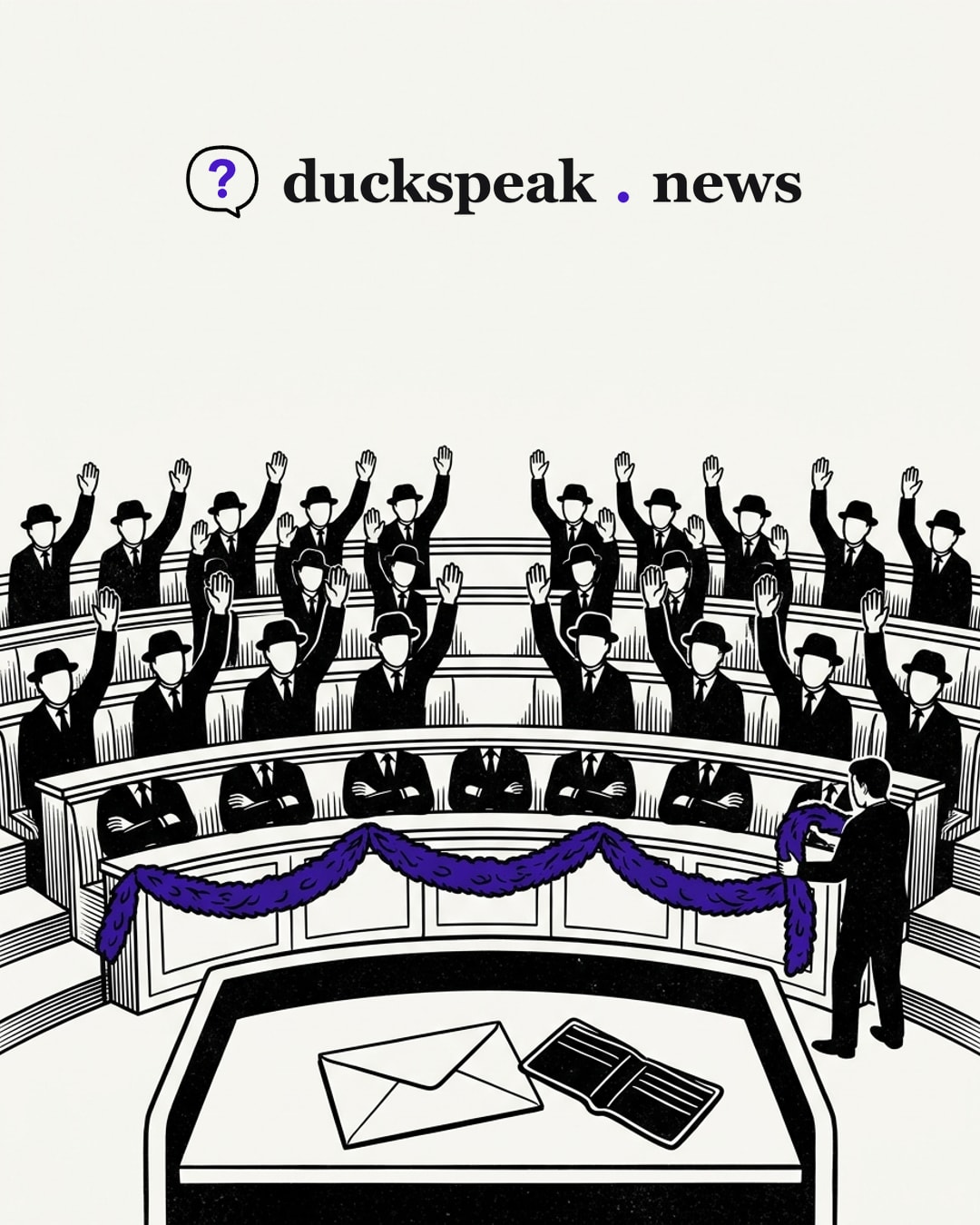 L'hémicycle lève la main d'un seul geste, et un machiniste tend une guirlande devant le premier rang, où l'on garde les bras croisés. Sur le pupitre, une enveloppe scellée et un portefeuille vide : l'unanimité est décorée, la facture reste fermée.