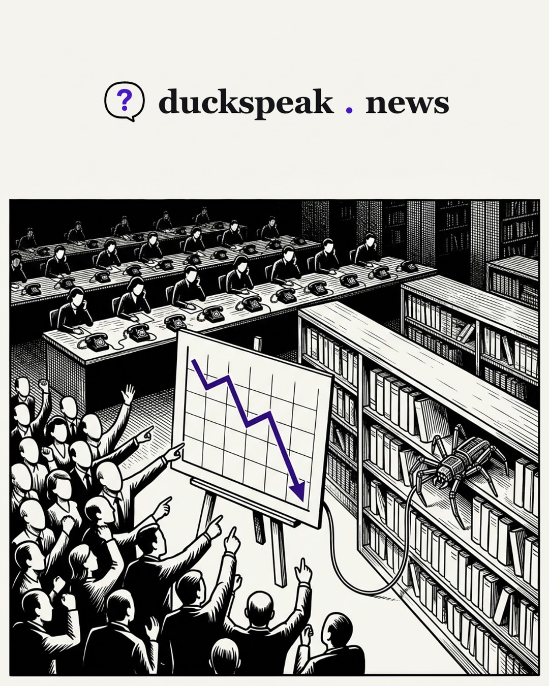 The crowd cheers and points at a plunging line. Yet the chart's cable leads to a small mechanical spider indexing library books, while behind them the rows of operators are still on their phones: the robot was measured, and the end of the trolls was celebrated.