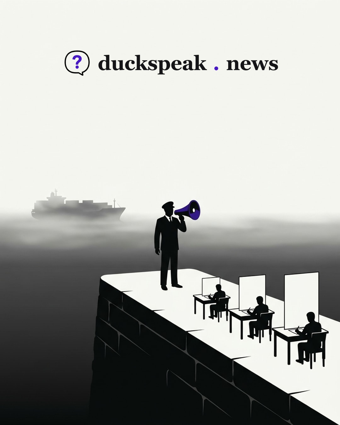 Au bout de la jetée, un officier en uniforme parle dans un mégaphone, et trois scribes recopient l'annonce sur des feuilles de plus en plus grandes. Au large, le cargo reste flou dans le brouillard et personne ne le regarde : une seule voix, recopiée trois fois, finit par ressembler à un fait.