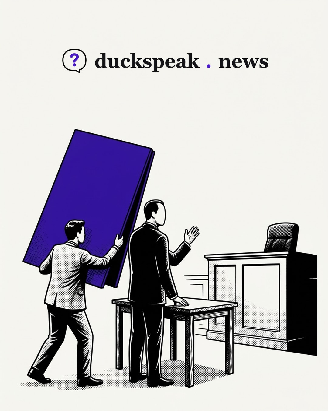 A defendant raises his hand to speak at a small table, and a man carries in a sign bigger than both of them, ready to hang it on him. The judge's chair is empty: the label arrives before the verdict, and does its work.