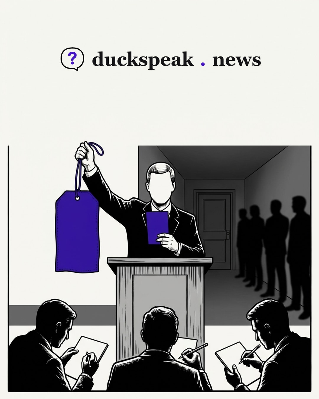 At the lectern, an official holds up a large blank tag while three reporters bend over their notepads to copy it. Down the hallway behind him, a row of men stands in shadow by a closed door: the label gets taken down word for word, and nobody turns around.